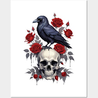 skull,crow and rose Posters and Art